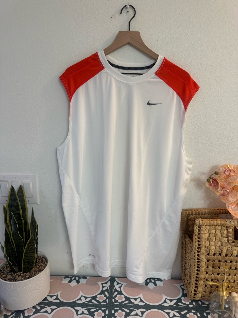 Nike Men’s White Sleeveless Training Shirt with Red Shoulder Accents